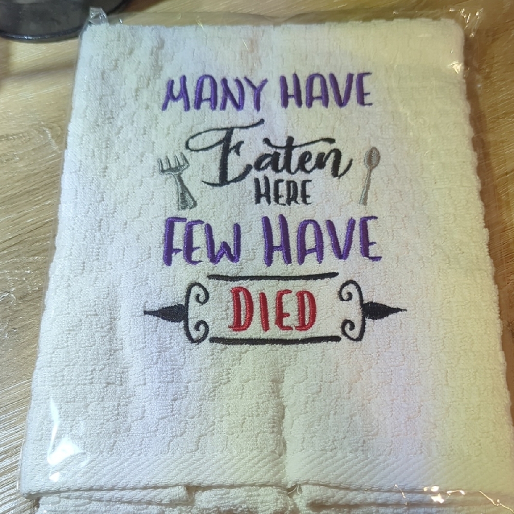 Humorous Kitchen Towel with Purple and Red Text